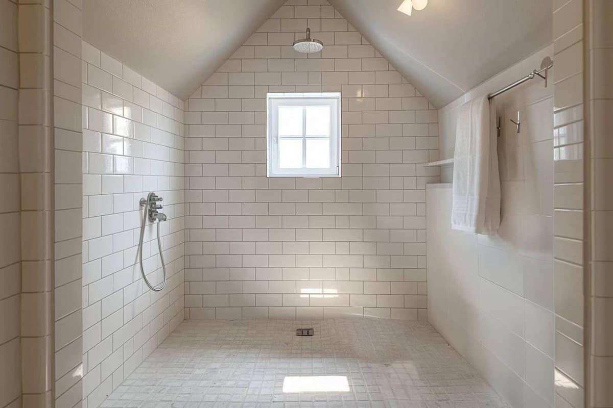 Petite salle de bain lumineuse avec meuble suspendu, miroir et douche vitrée