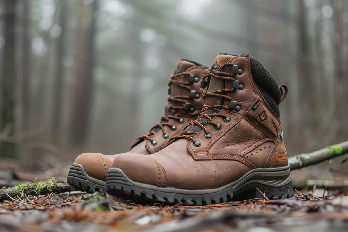 Bottes en caoutchouc et chaussures montantes sur un chemin forestier humide