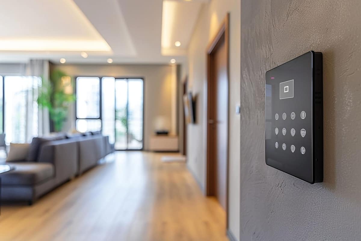 Capteur d’ouverture et clavier d’alarme près de l’entrée d’une maison
