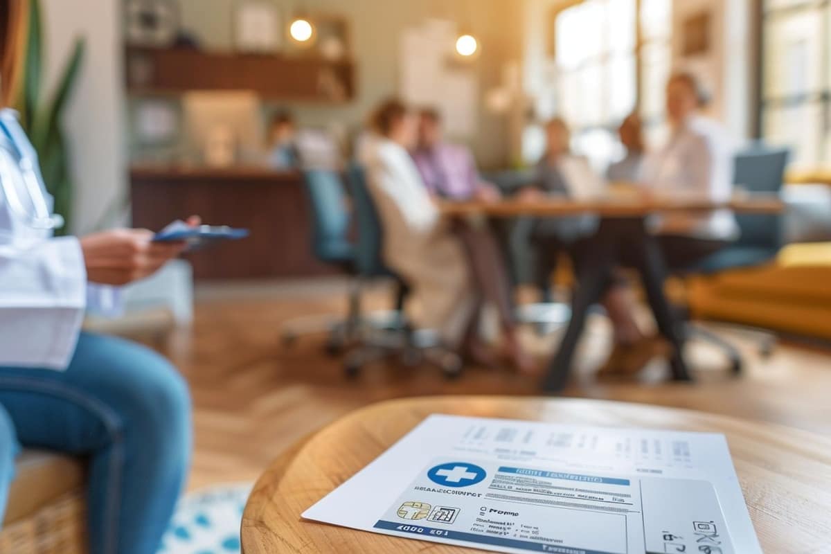Salarié comparant des garanties de mutuelle et une fiche de paie