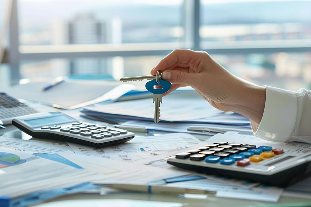 Dossier de location, clés et calculatrice sur une table d’appartement français