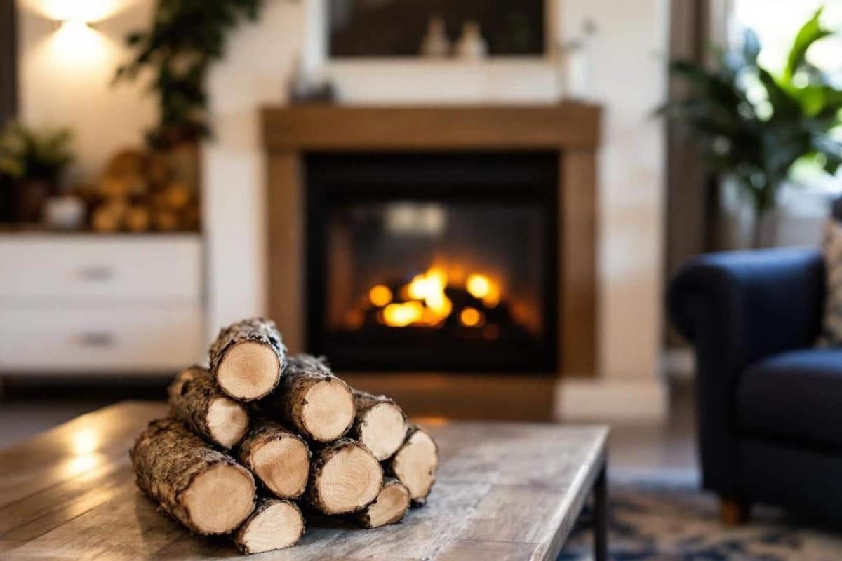 Bûches de bois compressées emballées près d’un poêle dans un local sec