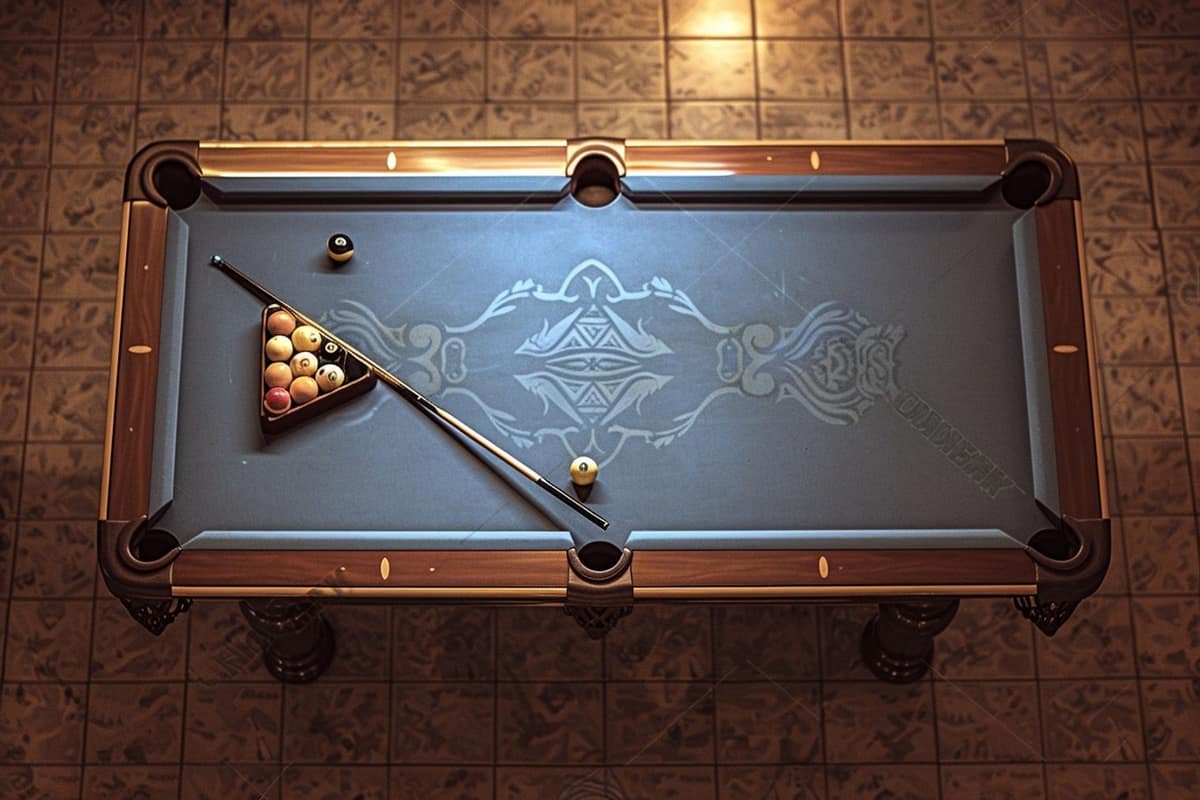 Billes de pool et queue posées sur un billard à tapis vert
