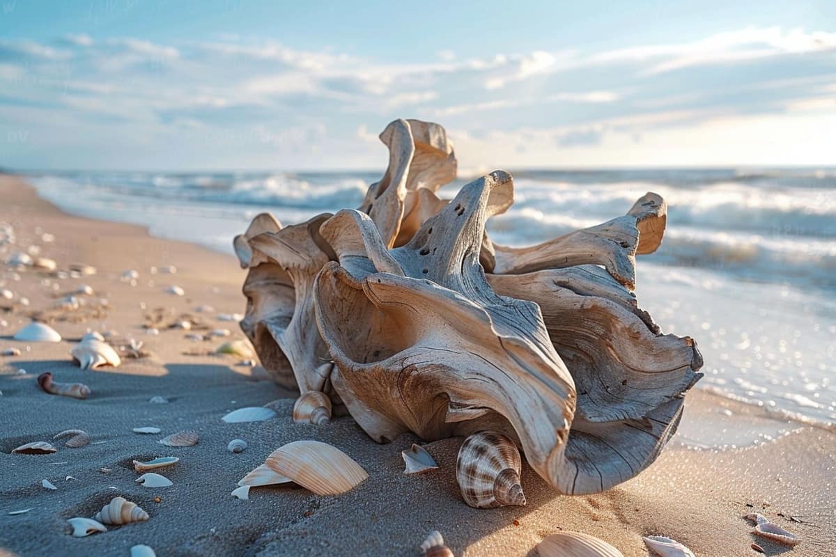 Branche de bois flotté sculpturale au-dessus d’un buffet en chêne clair