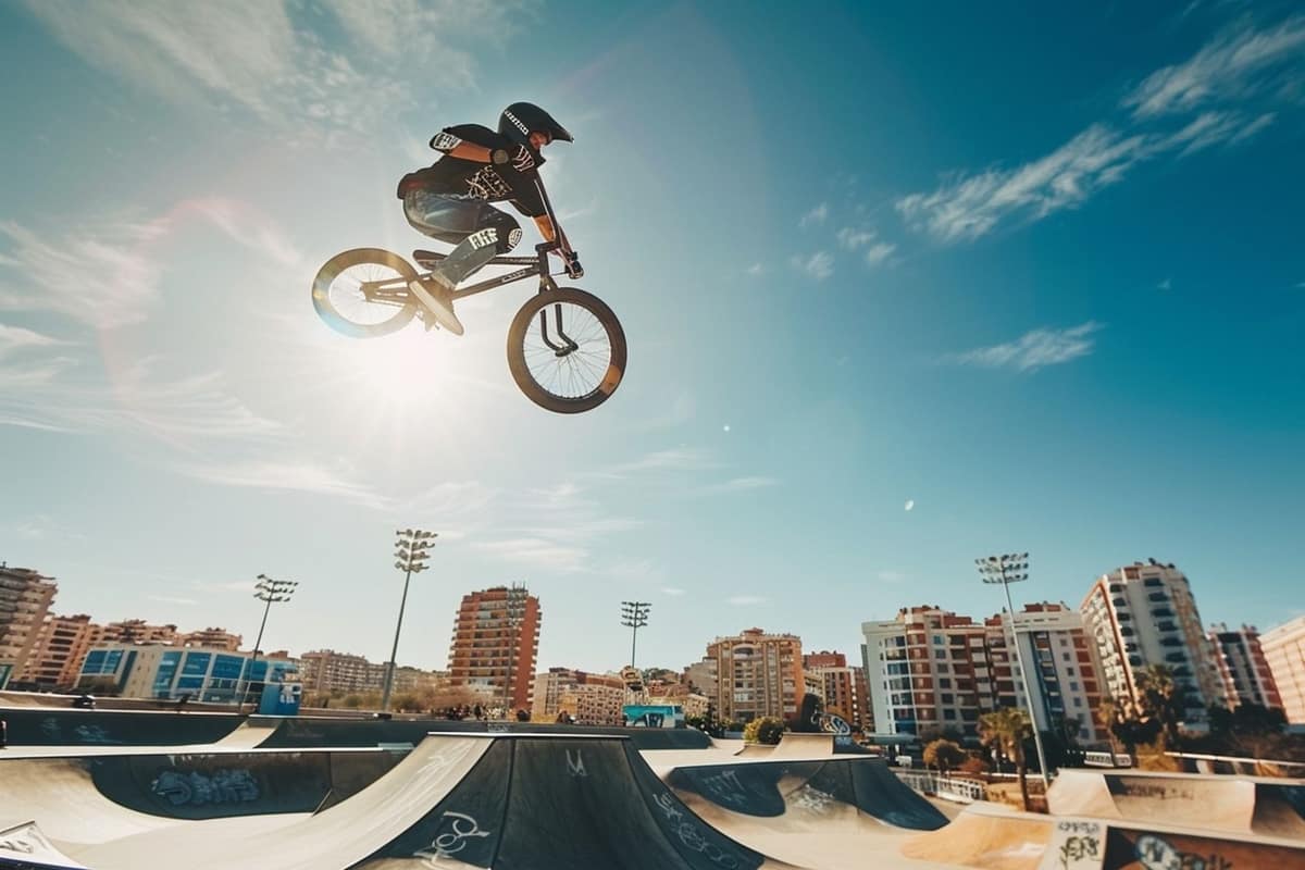 Pratiquant casqué effectuant un petit saut dans un skatepark en béton.