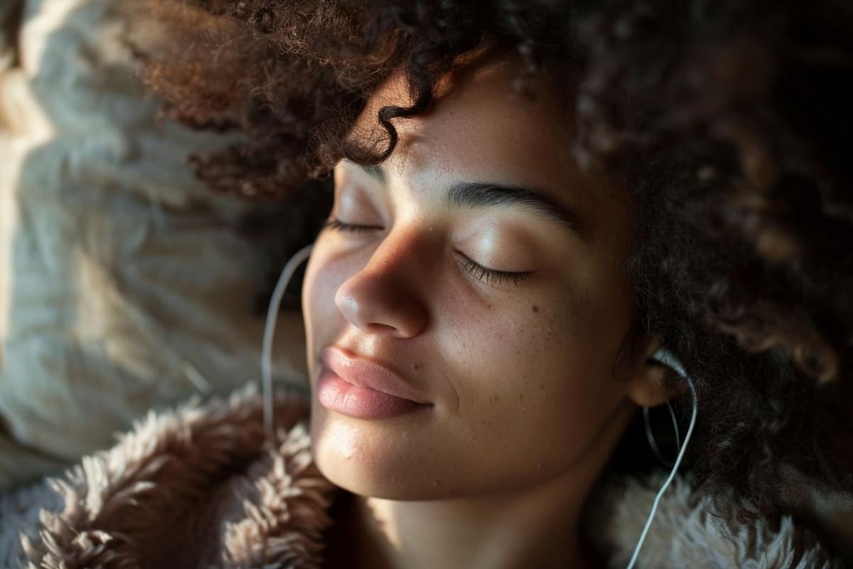 Coussin de méditation, casque et petite enceinte près d’une fenêtre