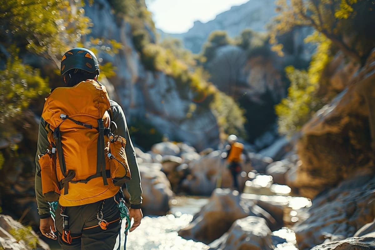 Équipement de canyoning posé sur des rochers humides au bord d’un torrent