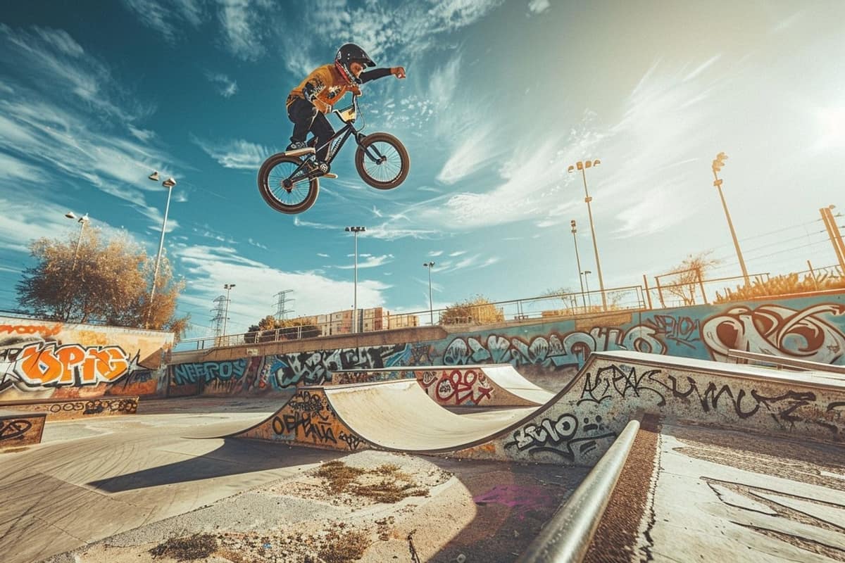 Rider en BMX casqué devant une rampe dans un skatepark municipal
