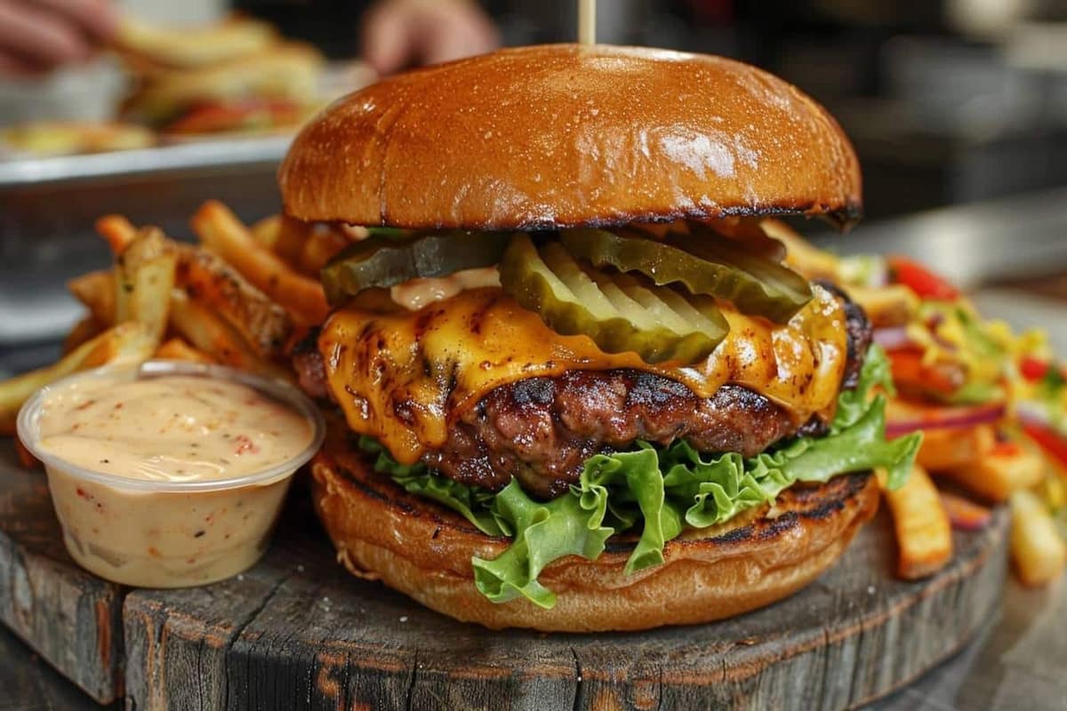 Double Smash Burger au fromage fondu, pickles et bords de viande croustillants