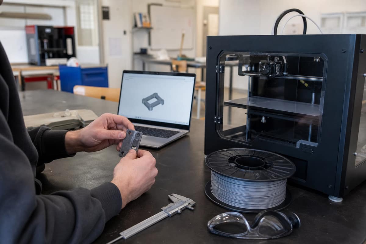 Apprenant préparant une pièce sur imprimante 3D dans un atelier de formation