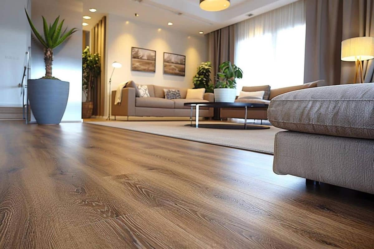 Lames de sol stratifié effet chêne clair posées dans un salon lumineux