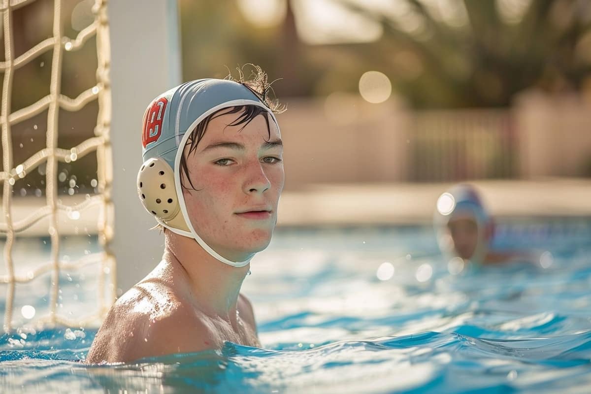 Joueurs de water polo s’entraînant avec ballon dans une piscine couverte