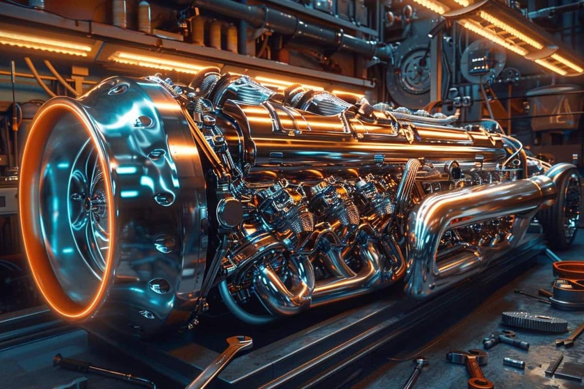 Pistons et segments neufs posés sur un établi de mécanique automobile