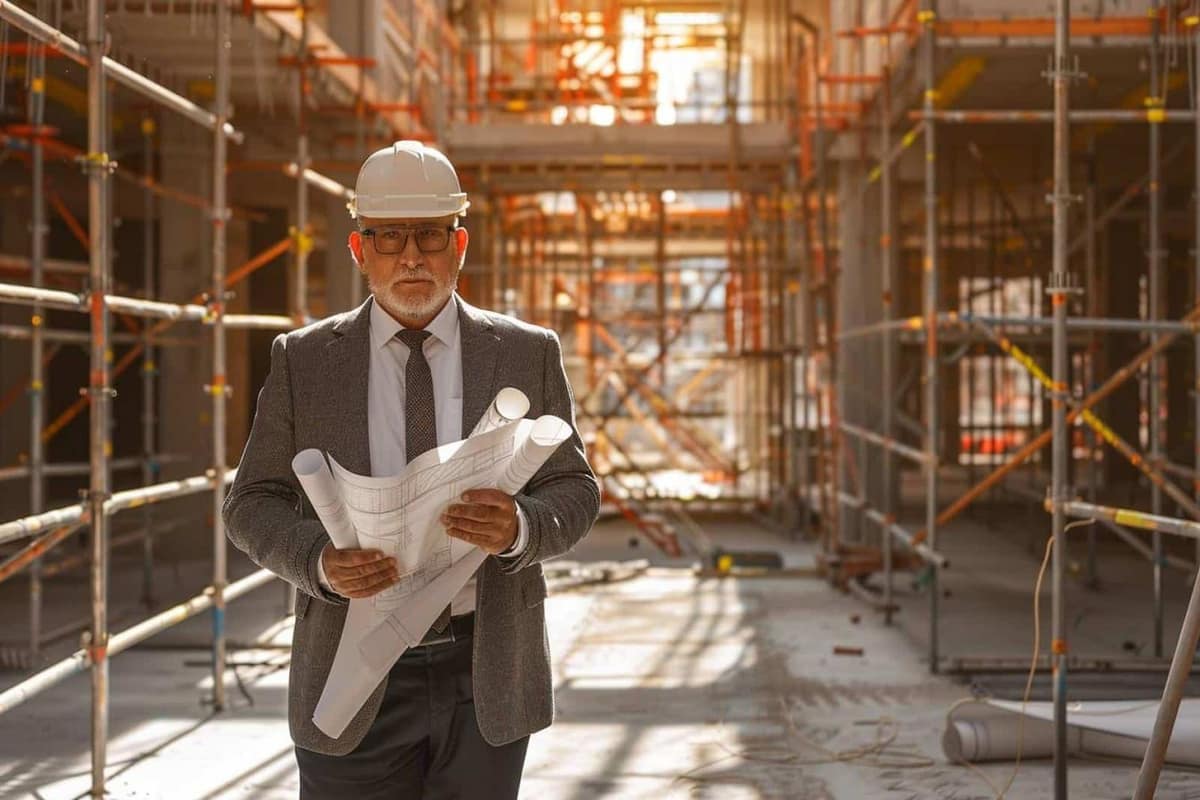 Plans, échantillons et casque de chantier sur une table de rénovation