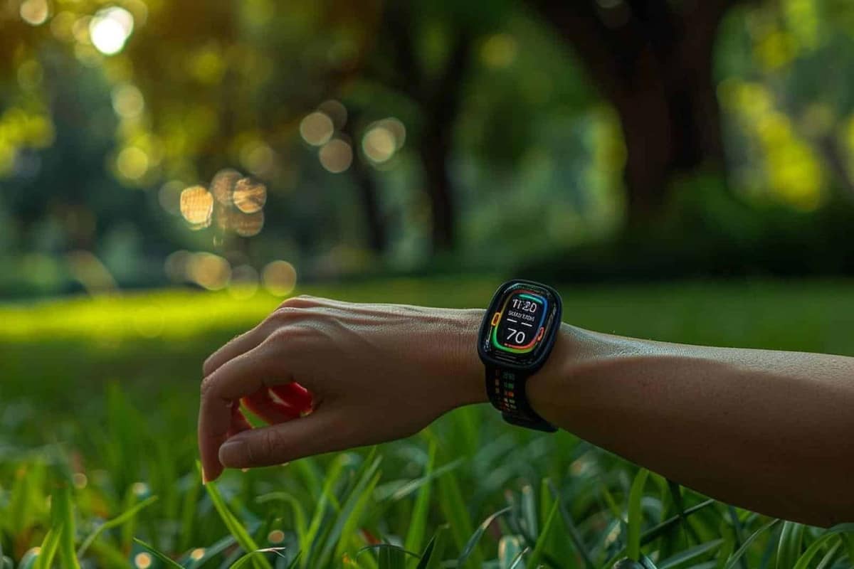 Bracelet d’activité posé près de chaussures de marche et d’un téléphone
