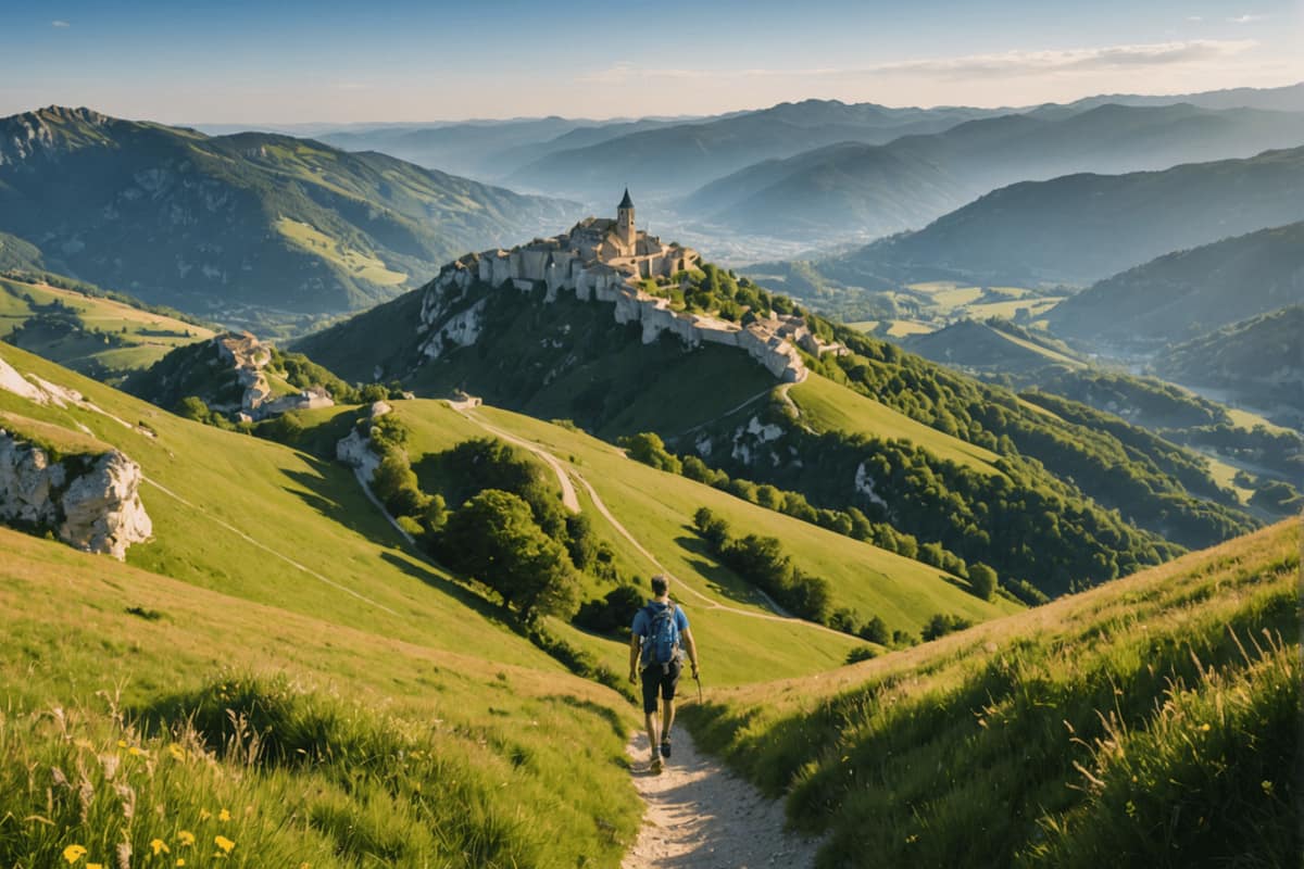 Sentier alpin fleuri face au massif du Mont-Blanc en début d’automne