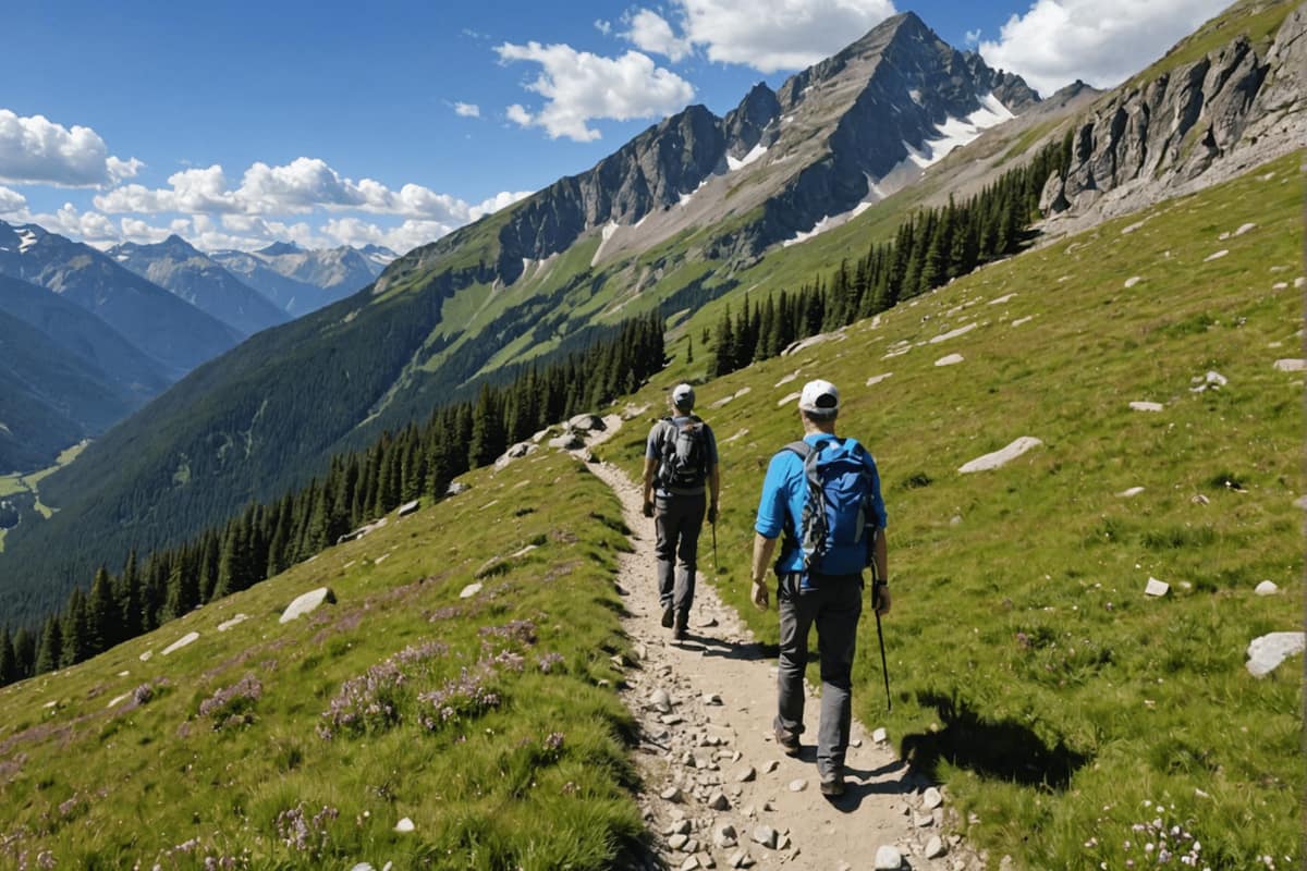 Randonneur équipé sur un sentier alpin avec bâtons et sommets en arrière-plan