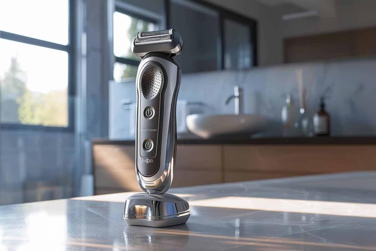 Rasoir électrique à grille posé près d’une serviette dans une salle de bain