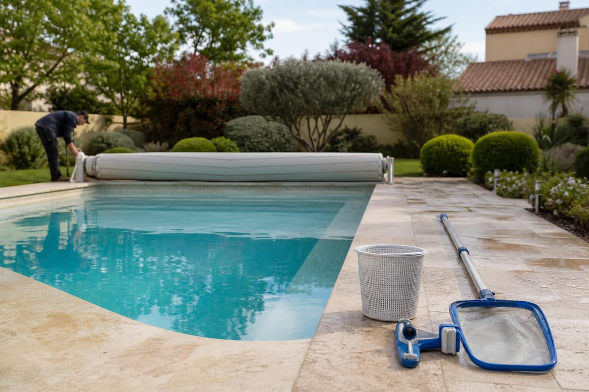 Piscine de jardin remise en service avec bâche retirée et eau claire