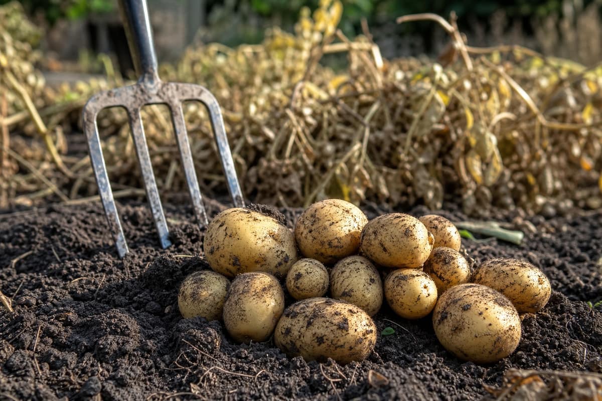 Pommes de terre fraîchement récoltées posées sur la terre d'un potager
