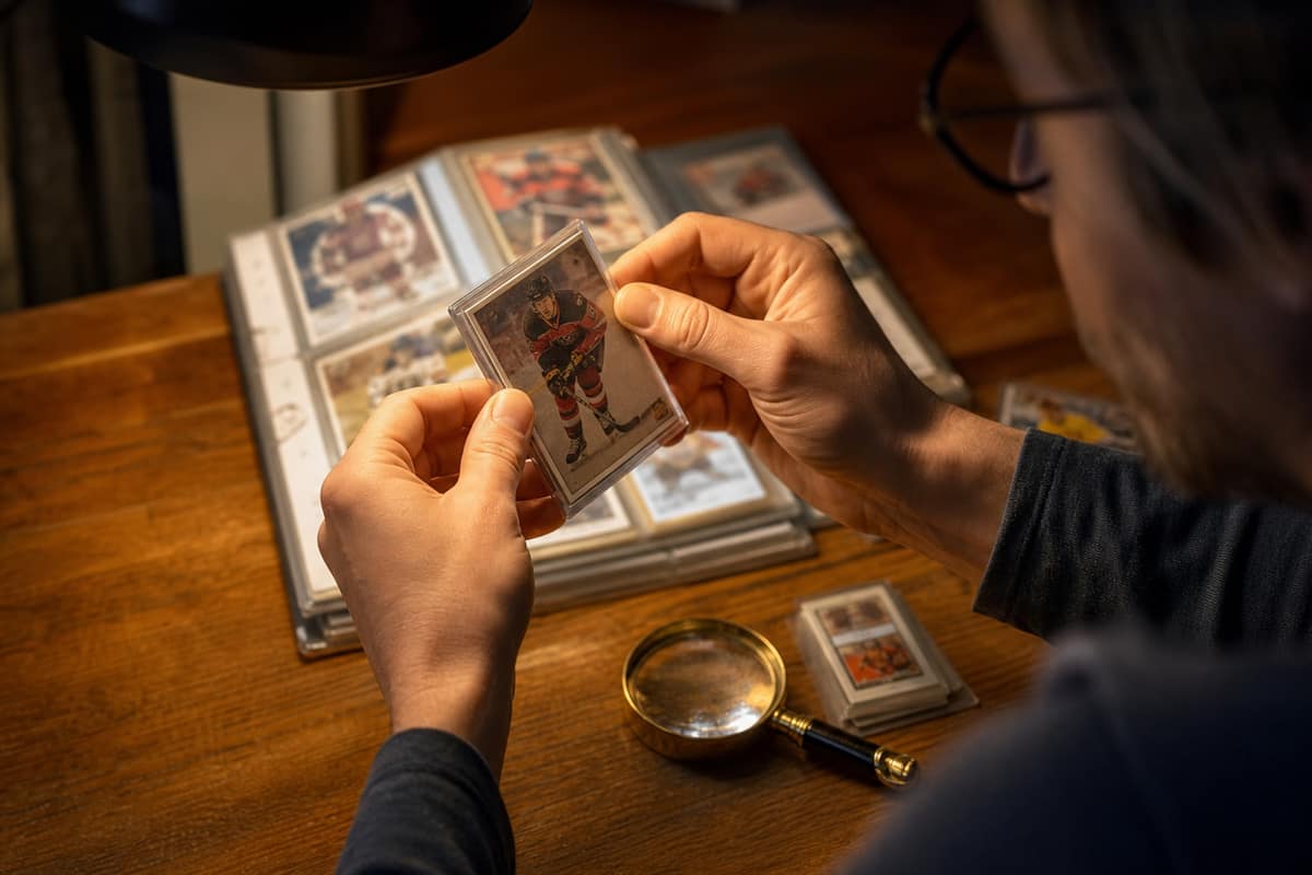 Collectionneur examinant des cartes à jouer sous une lumière de bureau