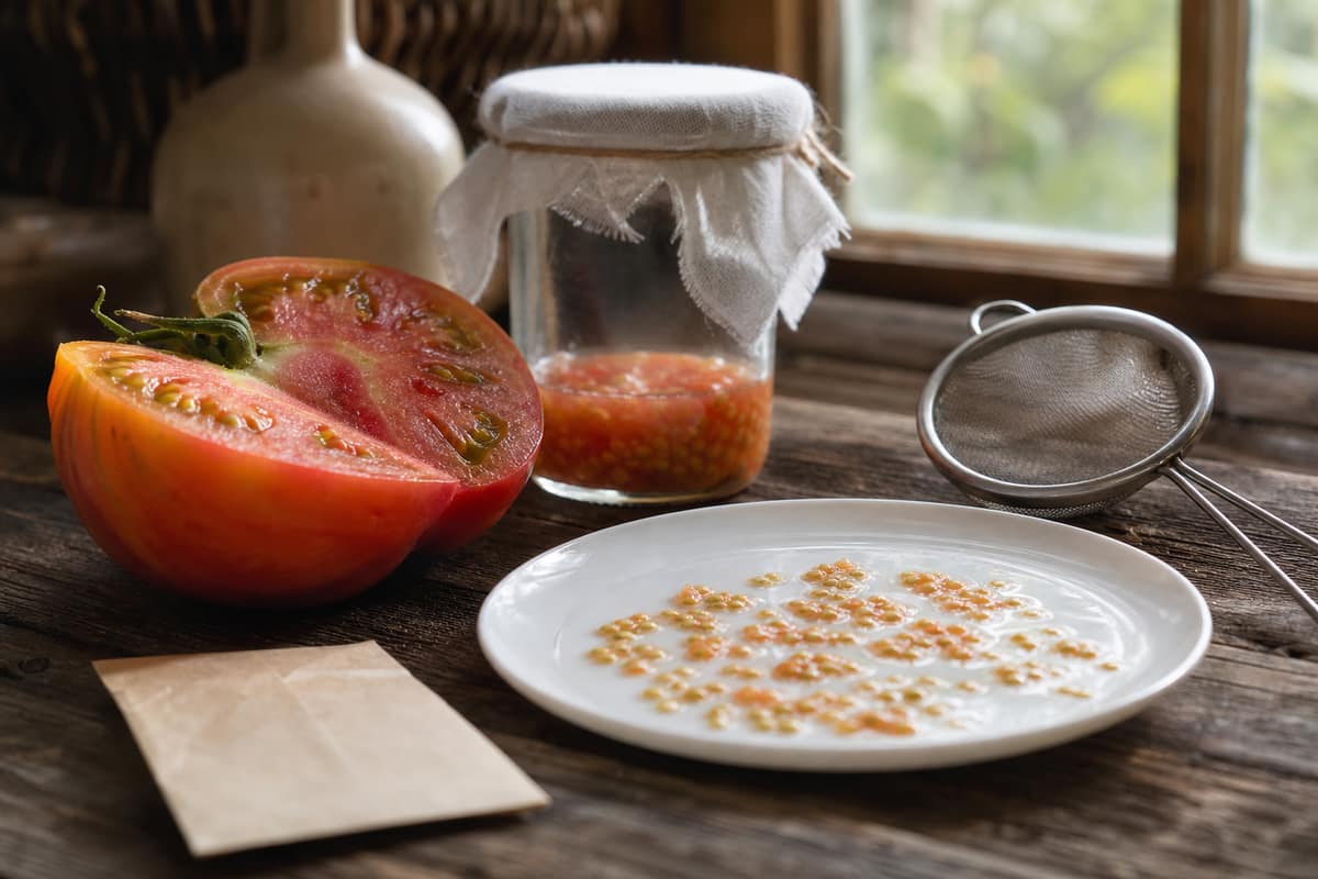Tomate ancienne coupée, bocal de pulpe en fermentation et graines mises à sécher sur une assiette
