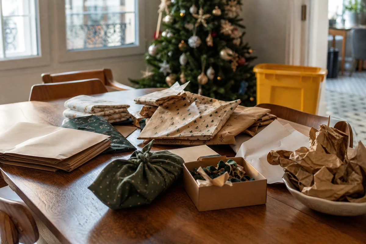 Papiers-cadeaux triés sur une table près d’un bac de recyclage jaune