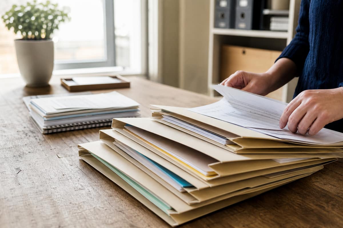 Dossiers de documents bancaires triés et classés sur un bureau en bois