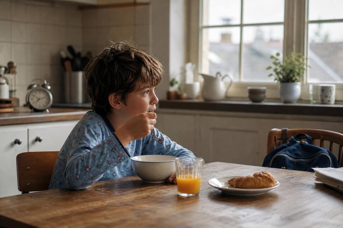 Enfant en pyjama prenant son petit-déjeuner près d’une fenêtre au petit matin, cartable posé sur une chaise