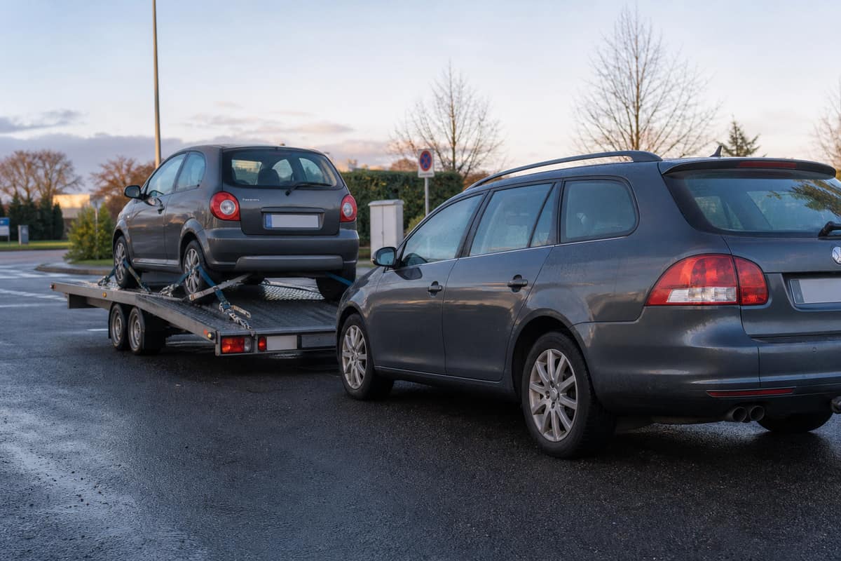 Voiture arrimée avec quatre sangles sur une remorque porte-voiture