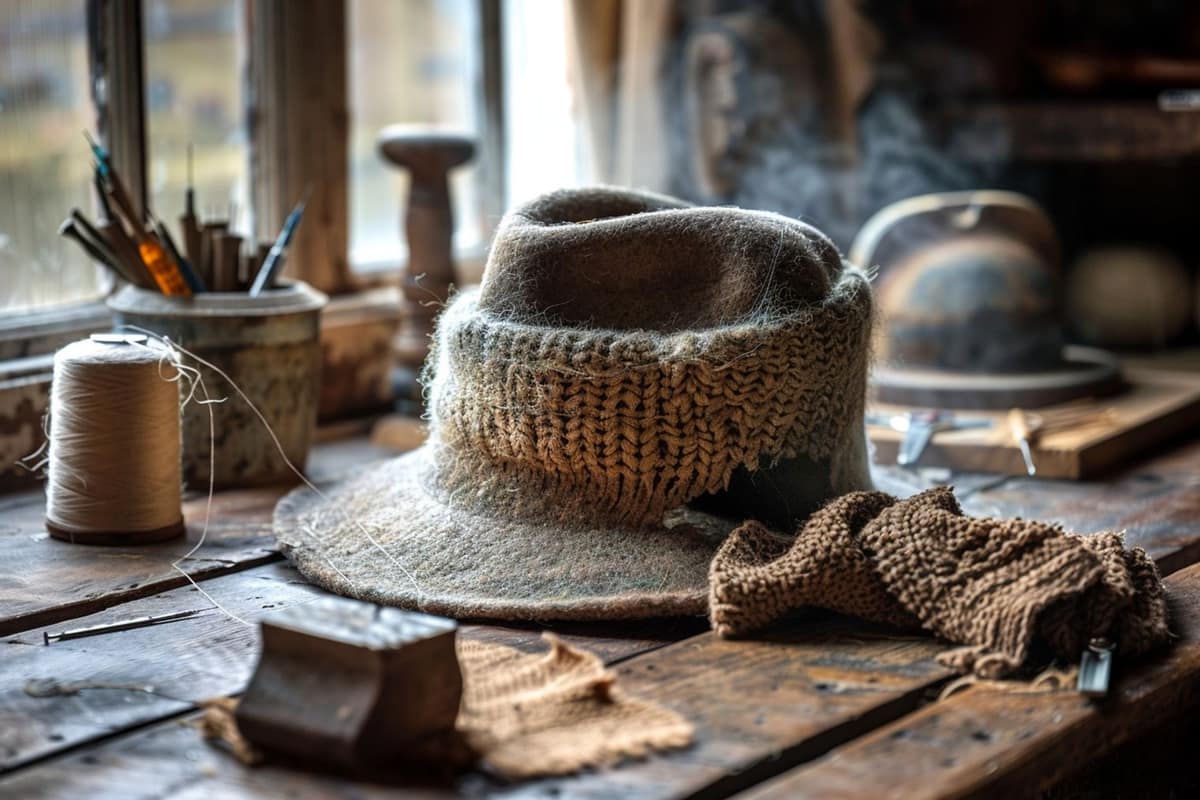 Chapeau en feutre gris remodelé à la vapeur sur un établi en bois