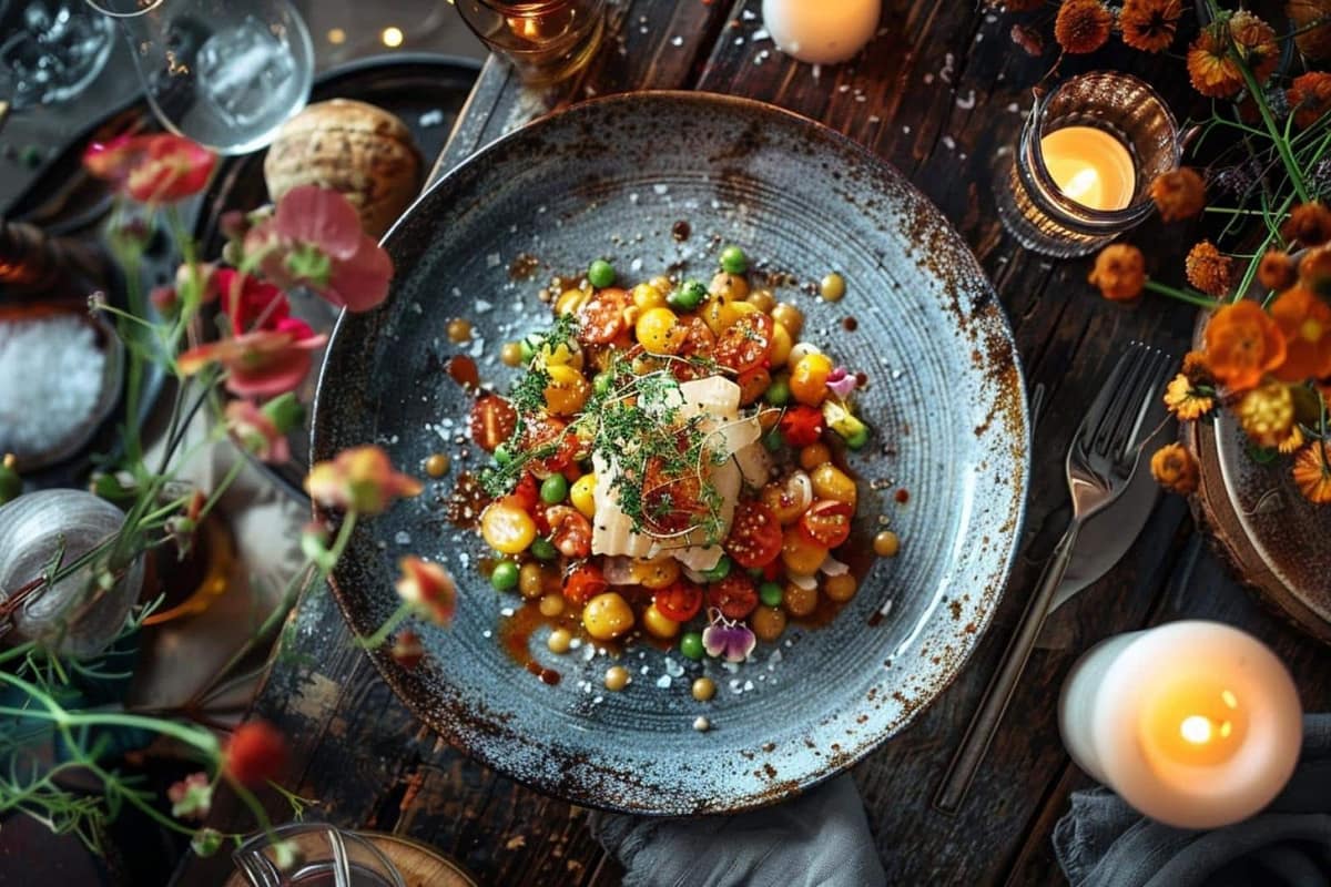 Assiette de pintade rôtie, purée de céleri et carottes glacées dressée avec soin