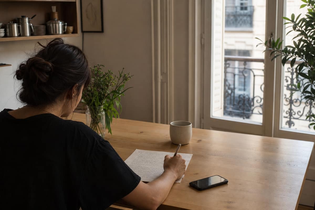 Personne écrivant une lettre de reprise de contact à une table