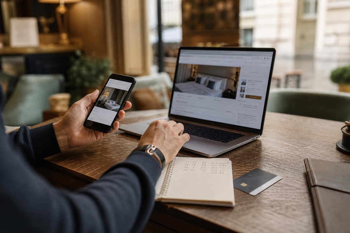 Comparaison d’une réservation d’hôtel sur ordinateur et sur smartphone