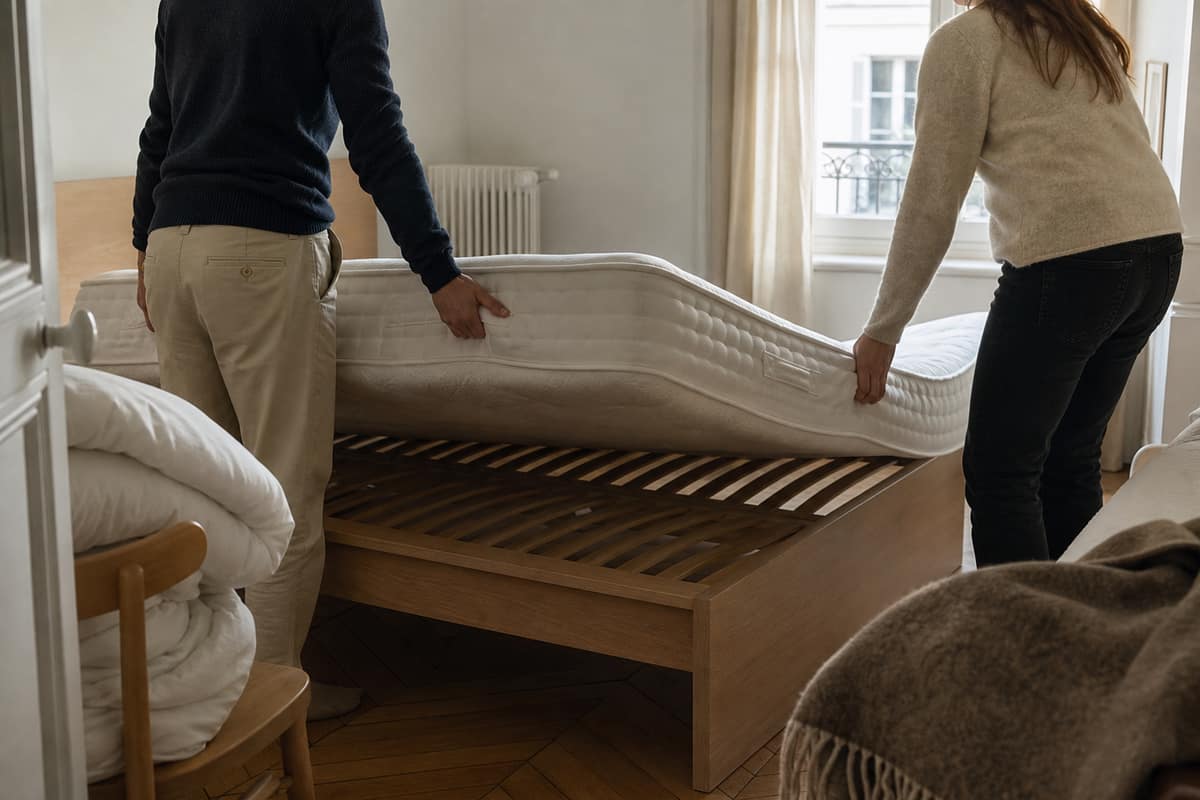 Matelas blanc pivoté sur un sommier à lattes dans une chambre lumineuse