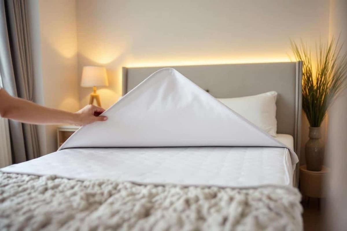 Deux personnes pivotent un matelas double dans une chambre lumineuse et sobre.