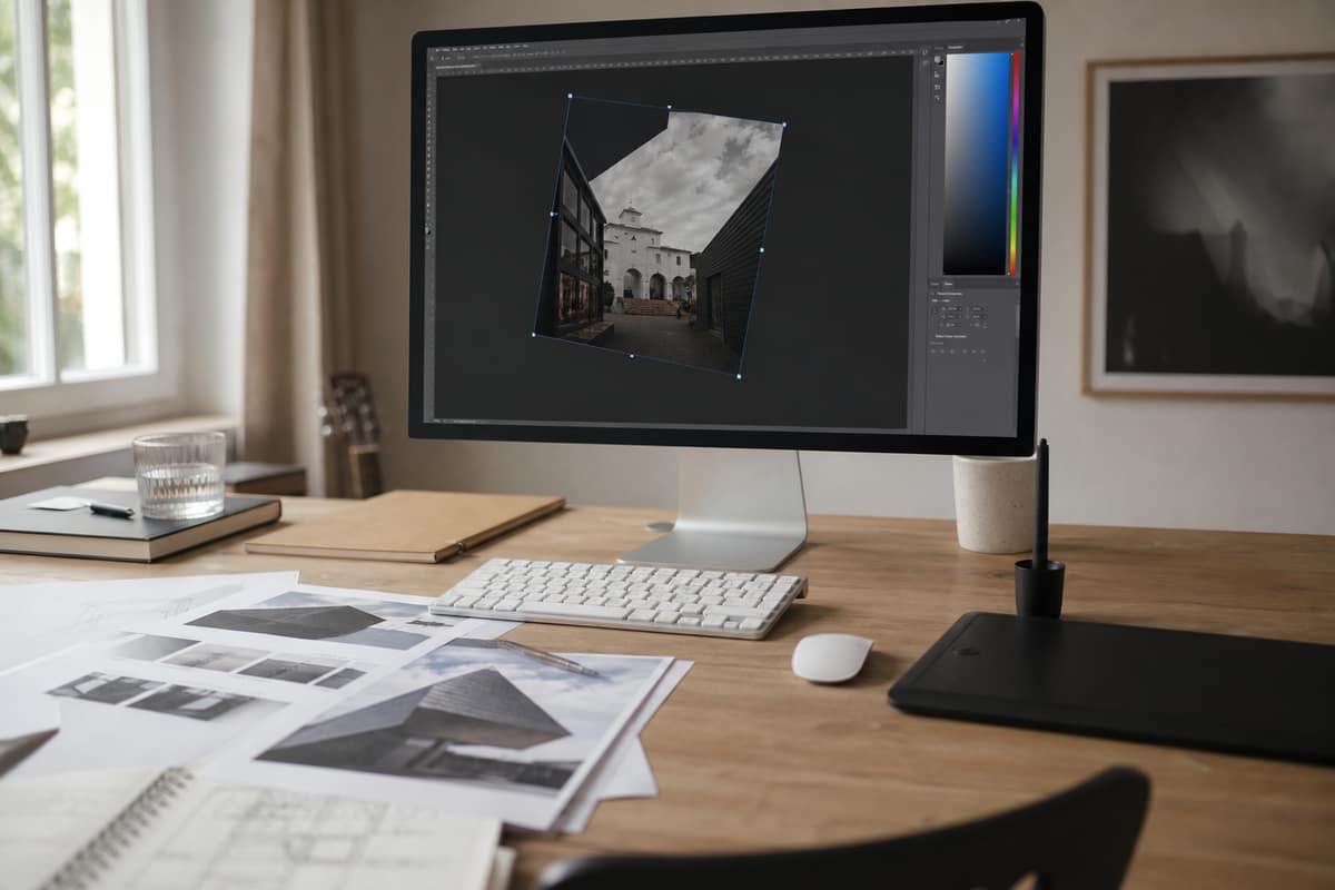 Écran d’ordinateur montrant la rotation précise d’un calque dans un logiciel photo