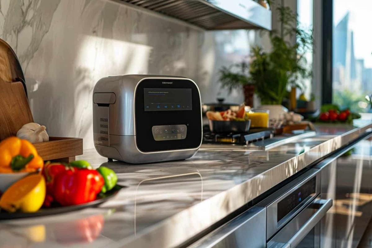 Robot cuiseur inox sur plan de travail avec légumes et panier vapeur