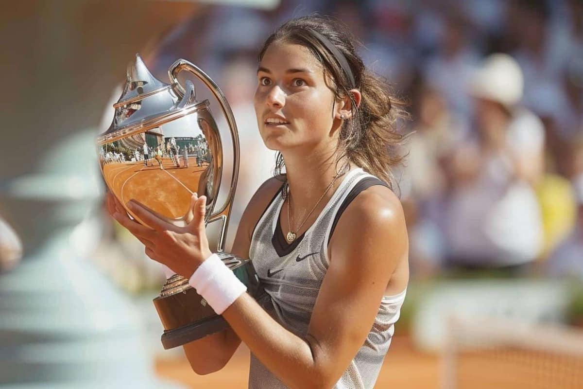 Trophée de tennis, balle jaune et clap de cinéma sur terre battue