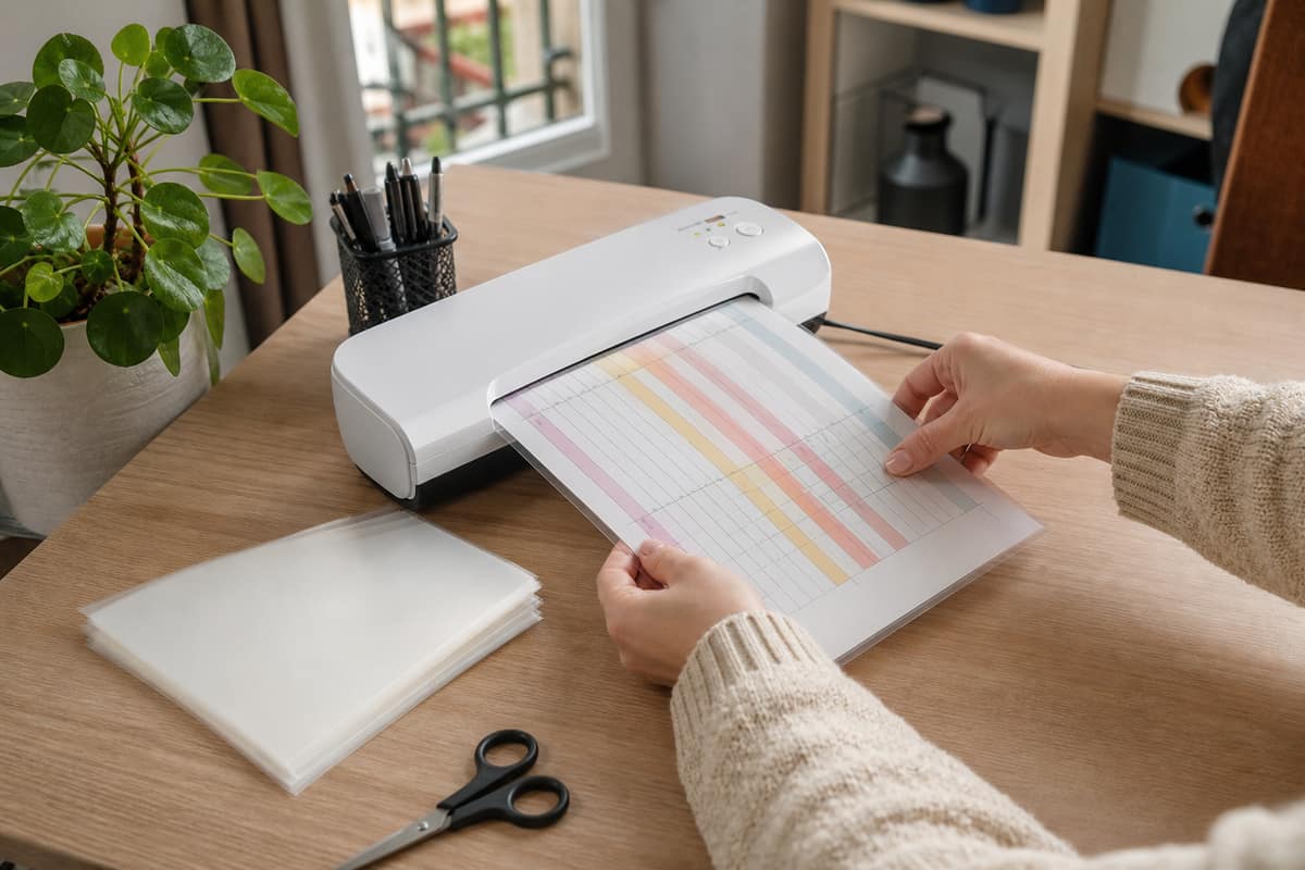 Plastifieuse A4 faisant passer une pochette transparente contenant une feuille colorée