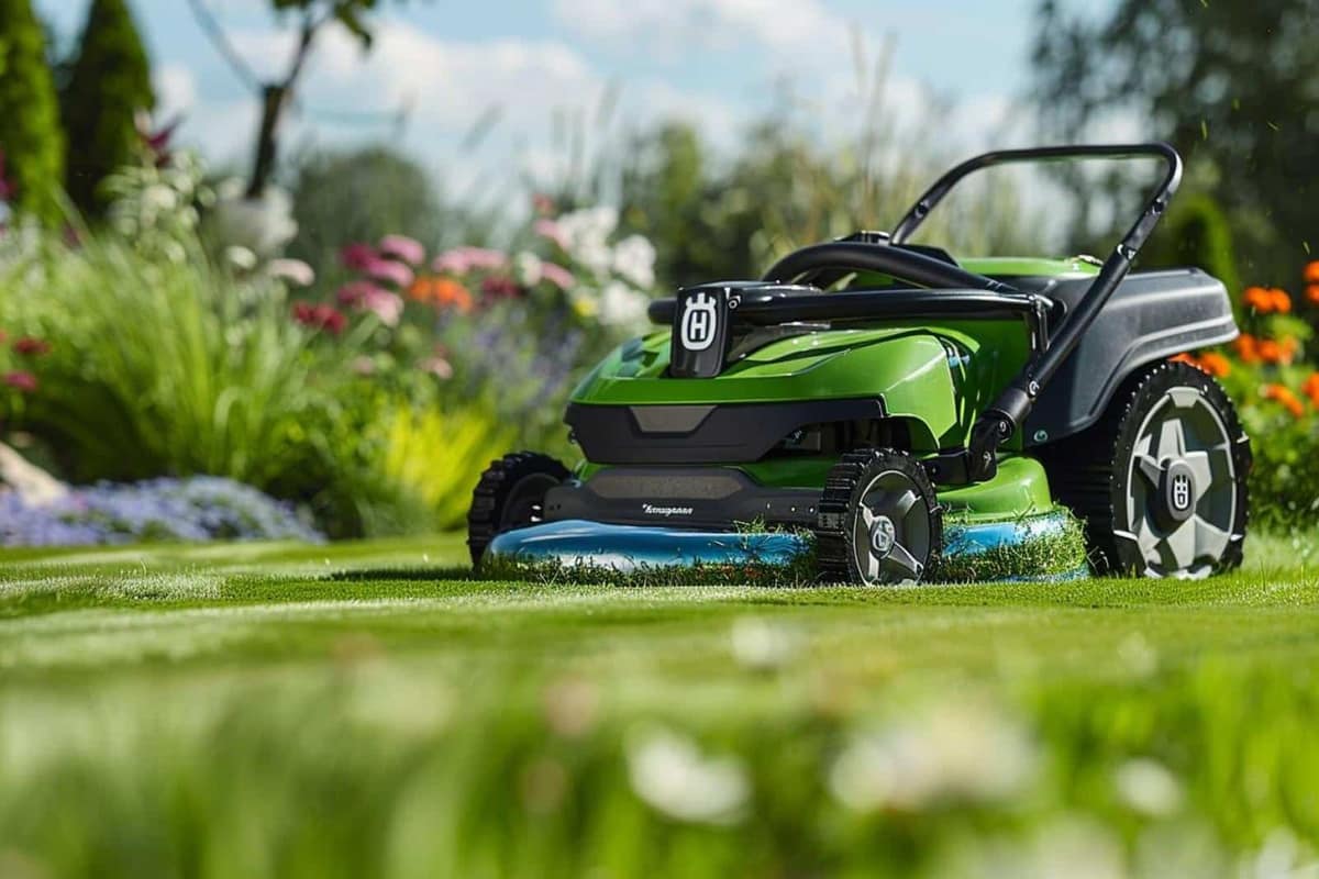 Tondeuse à gazon sur pelouse sèche dans un jardin pavillonnaire français