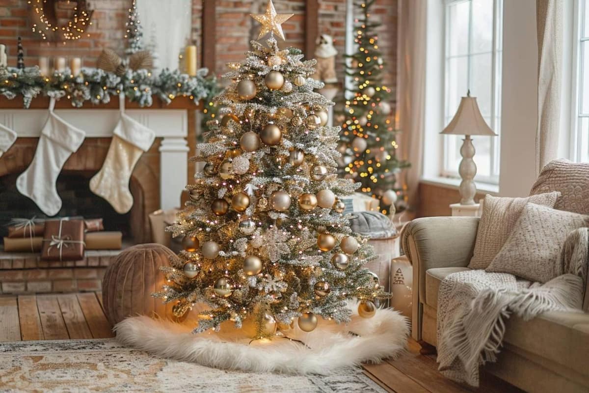 Salon de Noël élégant avec sapin vert, boules ivoire et lumières chaudes