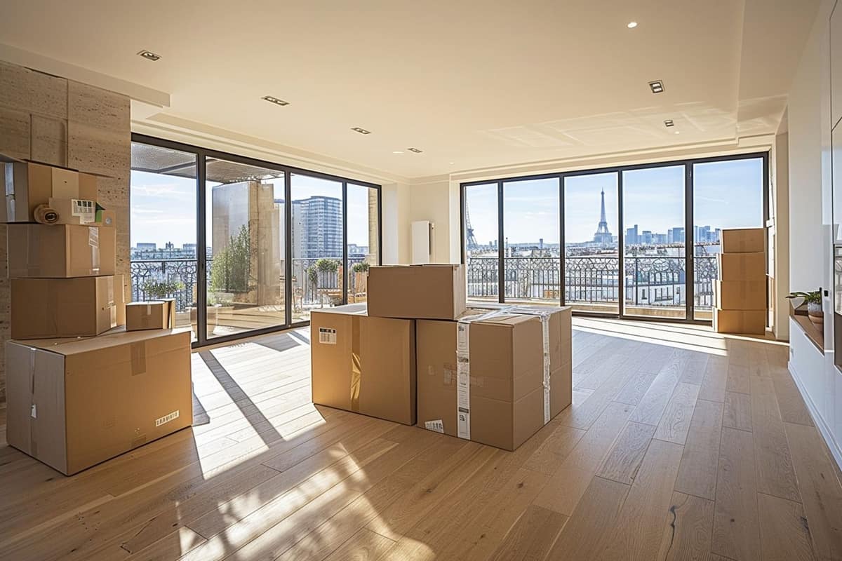 Camion de déménagement devant un immeuble parisien équipé d’un monte-meubles