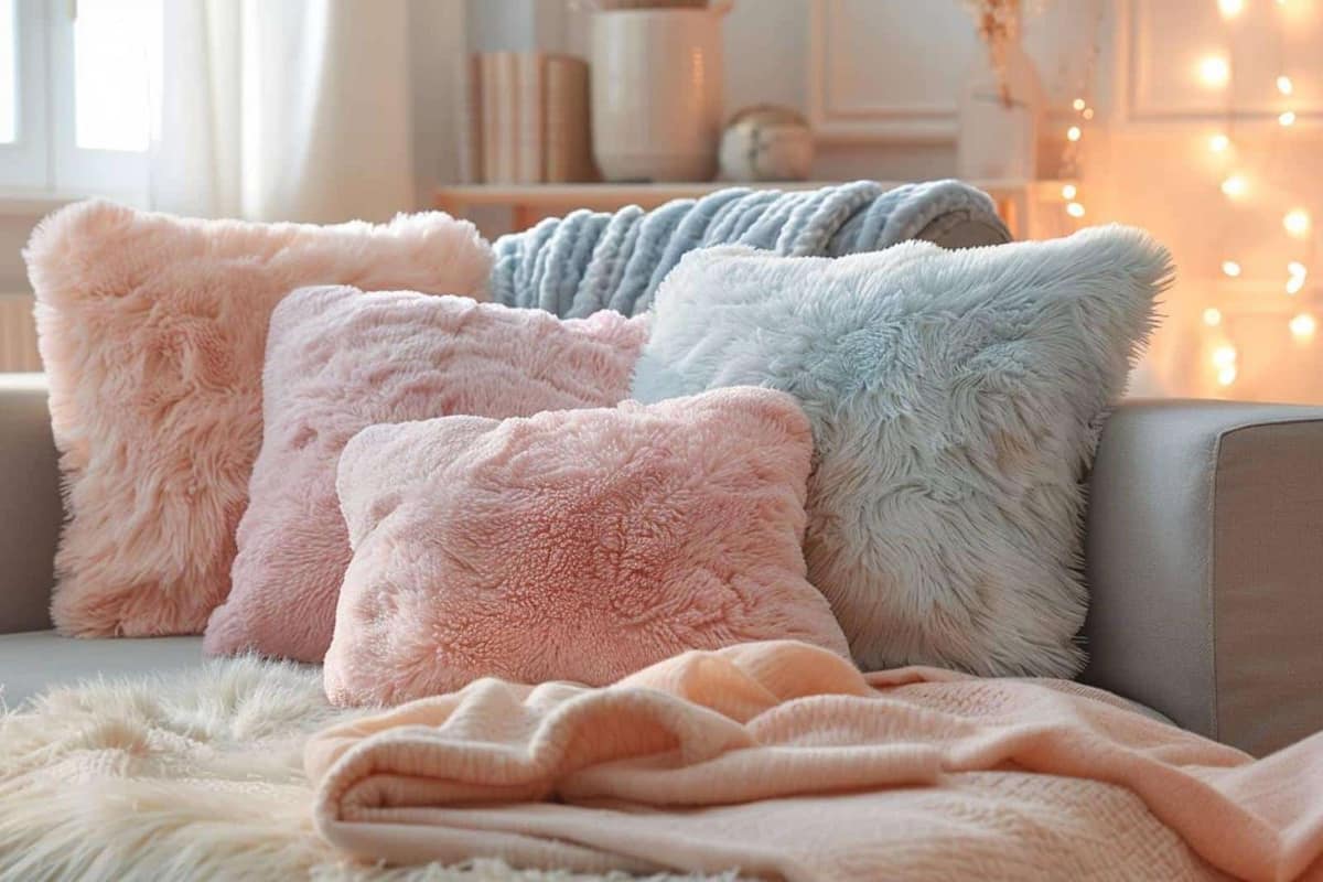 Lit lumineux avec oreillers ergonomiques et plaid beige dans une chambre française