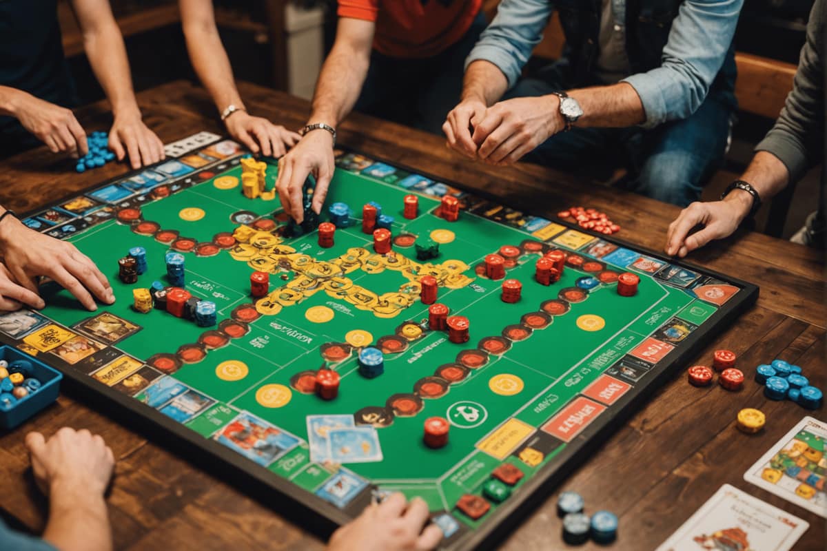 Table de salon préparée avec cartes, pions et plateau pour une soirée jeux