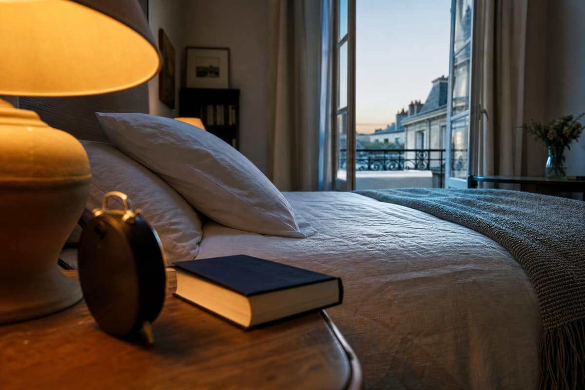 Chambre calme à l’aube avec lit en lin et lumière douce