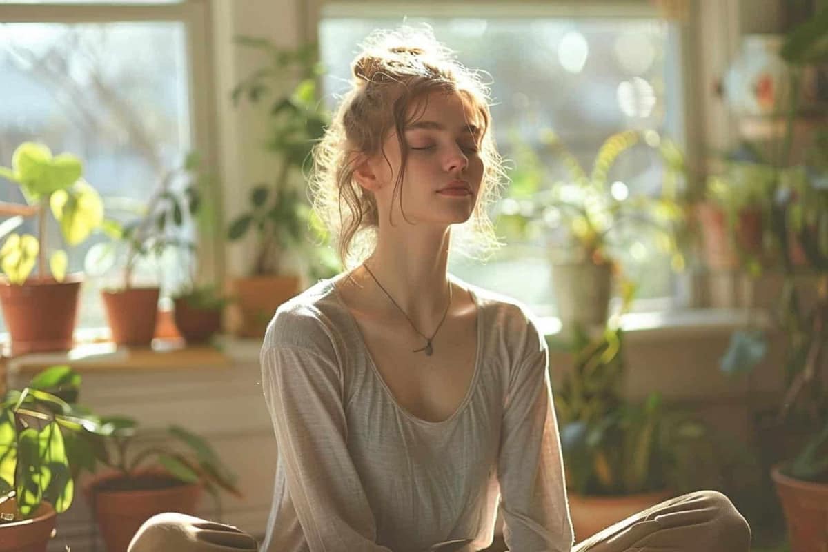 Personne assise dans un salon lumineux pendant un exercice de respiration guidée