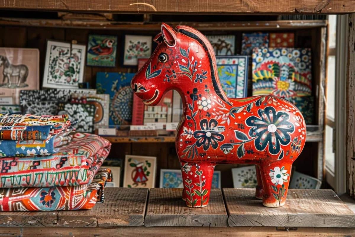 Cheval de Dalécarlie, bonbons rayés, textile et verre suédois sur une table