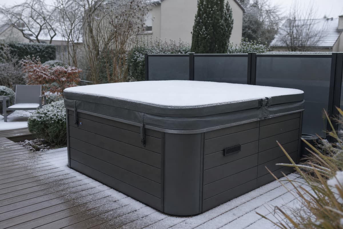 Spa extérieur couvert sur une terrasse enneigée dans un jardin d’hiver