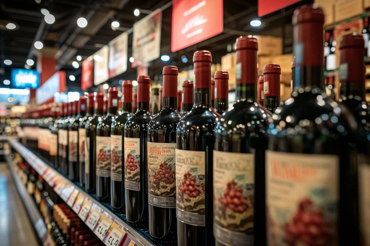 Sélection de bouteilles de vin et liste d’achat sur une table en bois